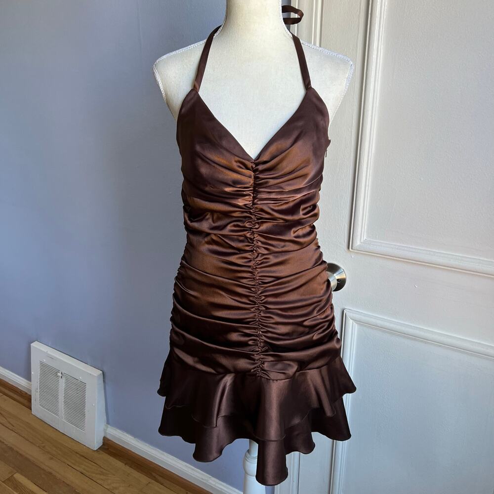Y2K Jessica McClintock Ruched Ruffle Mini Dress Halter Women's Size 8 Brown